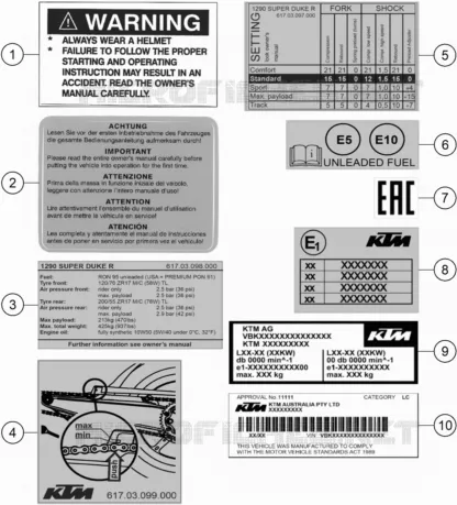 ETIQUETTES INFORMATIONS TECHNIQUES KTM MOTO 1290 2021 SUPERDUKE  1290 SUPER DUKE R ORANGE